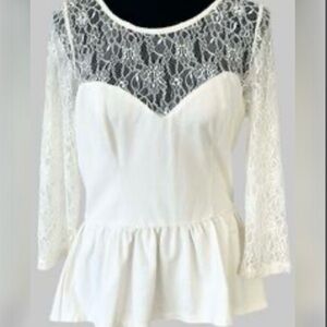 GUESS PEPLUM BLOUSE TOP
CREAM LONG SLEEVE 
BACK ZIP LACE DETAIL CLASSIC